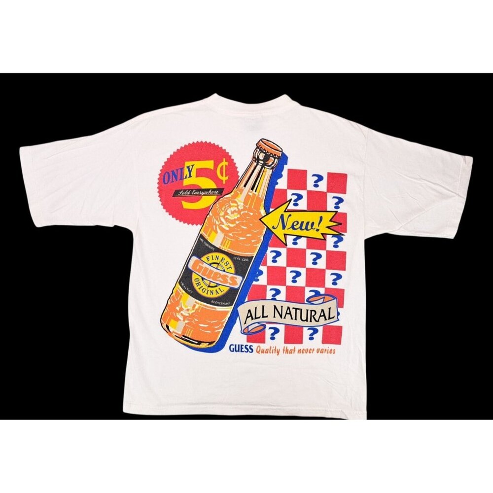 Vintage Guess Originals Graphic T-Shirt Orange Soda Bottle White Finest Snack